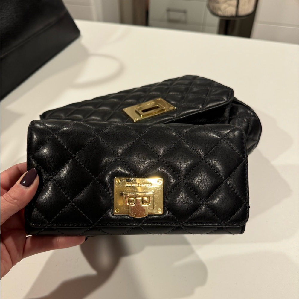 Michael Kors cushion print black purse with matching wallet